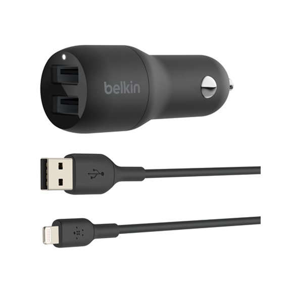 Belkin Dual USB-A Car Charger 24W with Lightning Cable 1M