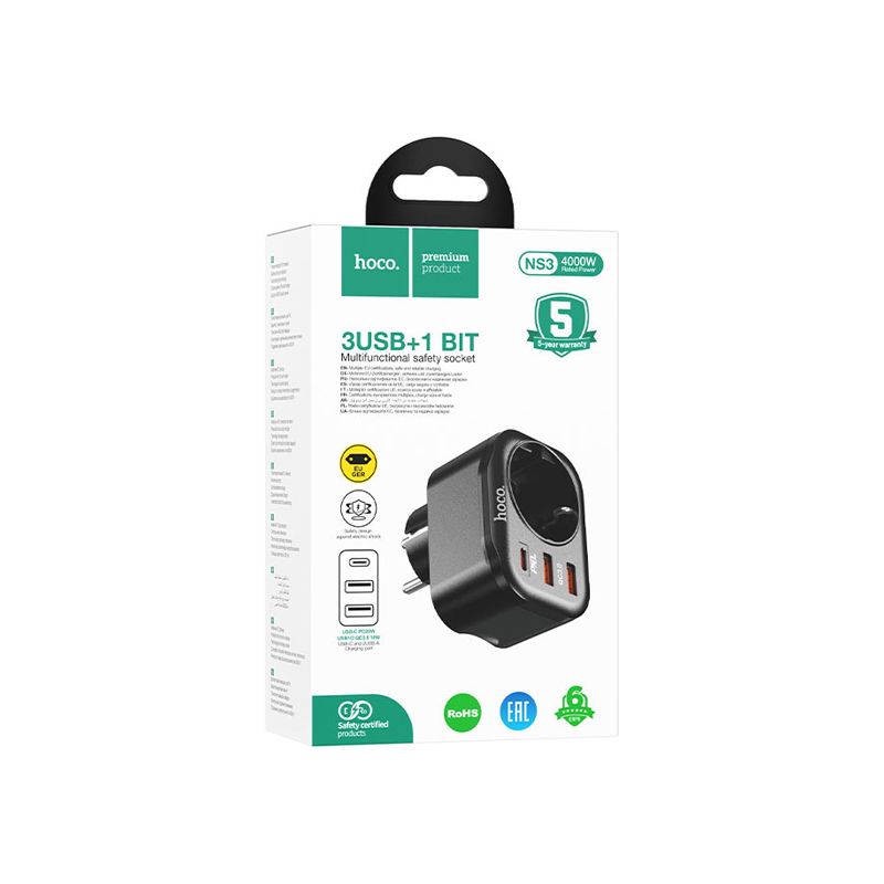 Hoco NS3 3 USB + 1 Bit Multifunctional Safety Socket 4000W