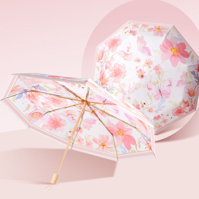 Lumina Gold-Frame and Wooden Handle Tri-Fold Umbrella