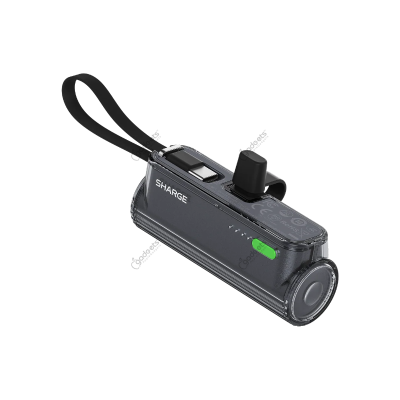SHARGE Flow Mini 2 Powerbank, Tragbares Ladegerät 22,5W PD-Schnellladen mit Doppelstecker und integriertem Kabel, 5000mAh Kompaktakku mit USB-C & Lightning für iPhone 17/16/15/14, Galaxy S25