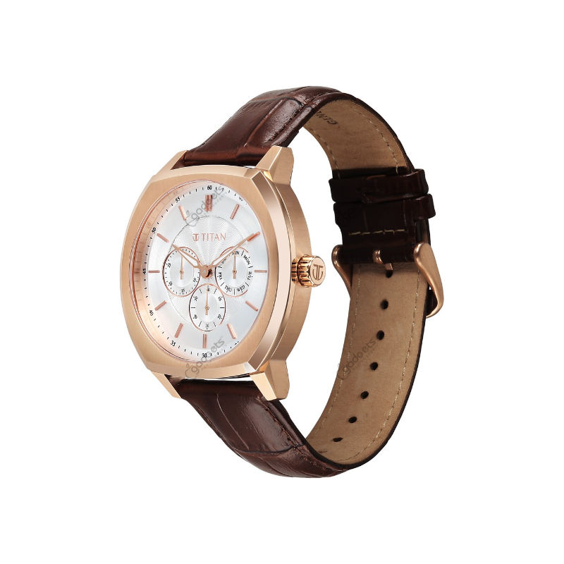 Titan Regalia Arc 90213wl01 Analog With Day Date Second Subdial Brown Leather Strap Mens Watch