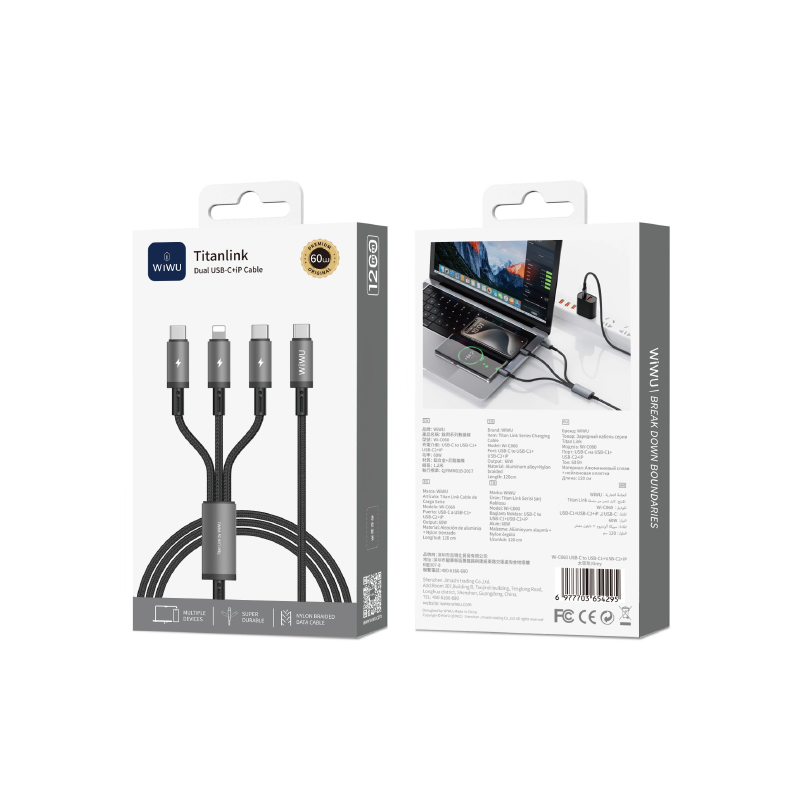 Wiwu Wi C060 3 In 1 Usb C To Dual Type C Ip Fast Charging Cable