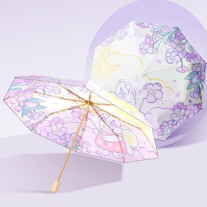 Lumina Gold-Frame and Wooden Handle Tri-Fold Umbrella