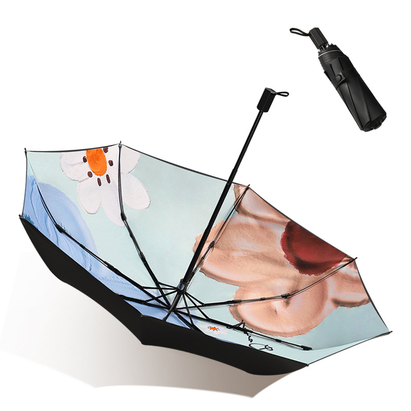 Floral Printed Dual-Layer 21-inch 8-Rib Tri-Fold Umbrella