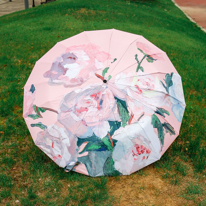 Peony Bloom 16-Rib Black Vinyl Umbrella