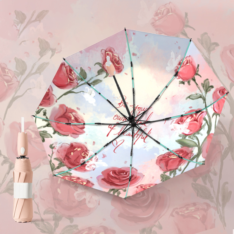 The Tulip Shape 21 Inch 8 Rib Automatic Exterior Floral Print Umbrella