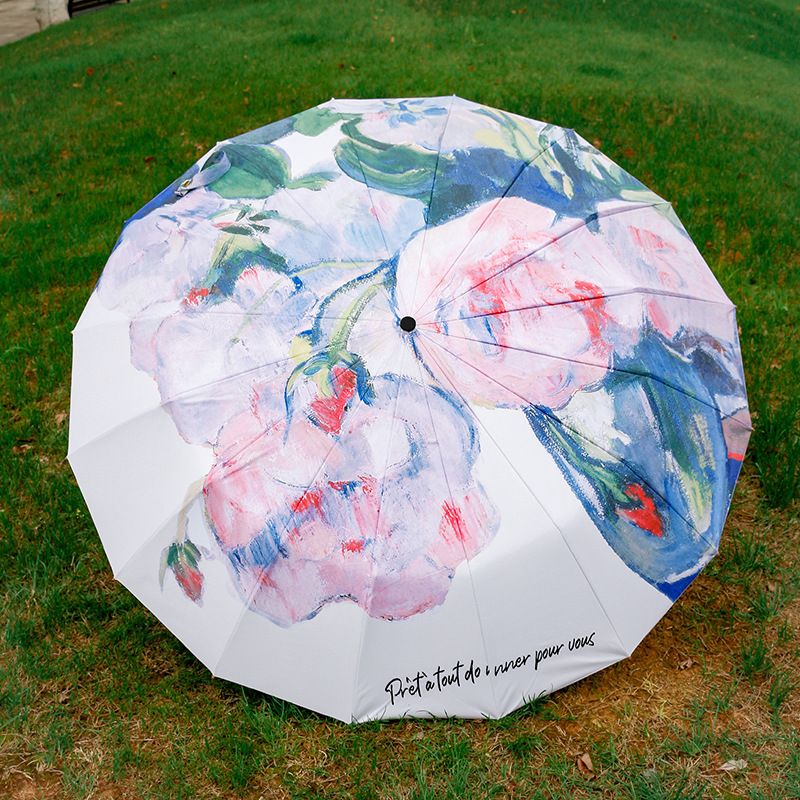 Peony Bloom 16-Rib Black Vinyl Umbrella