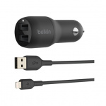 Belkin Dual USB-A Car Charger 24W with Lightning Cable 1M